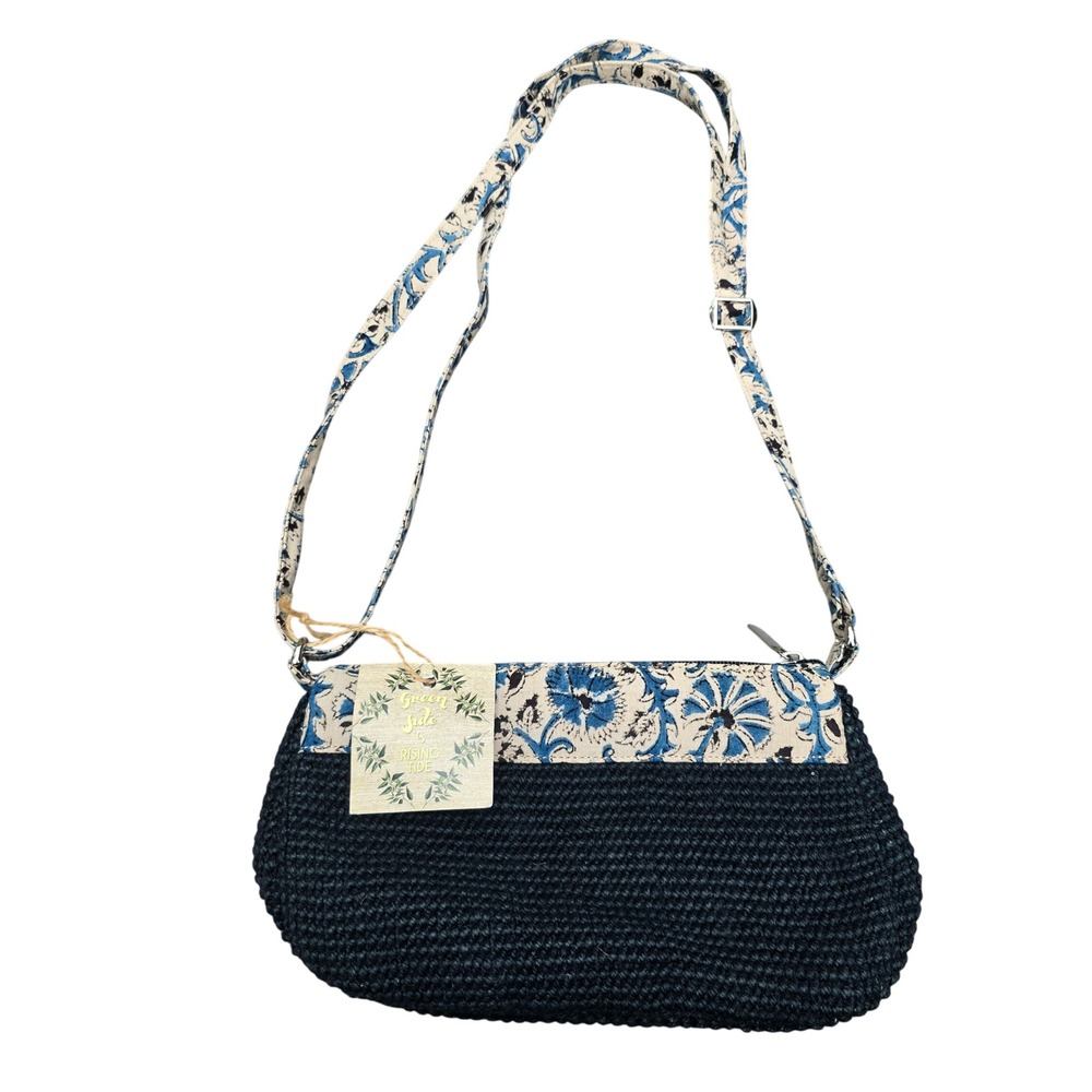 Green Jute India Crossbody Bag Blue Floral Print Straw‎ Woven Purse NWT